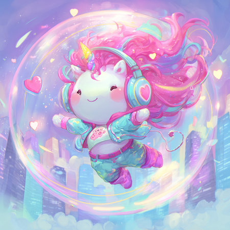 Cute cartoon unicorn with headphones on the background of the night cityの素材