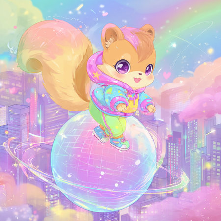 Cute cartoon squirrel on the planet in the city. Vector illustration.の素材