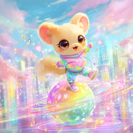 Teddy bear on a colorful background with city and rainbow lights.の素材