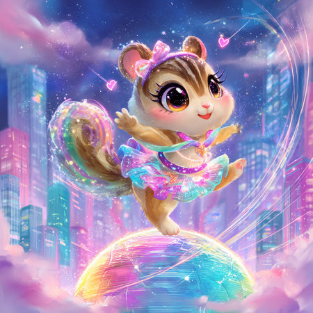Cute cartoon squirrel in a beautiful dress on the background of the cityの素材