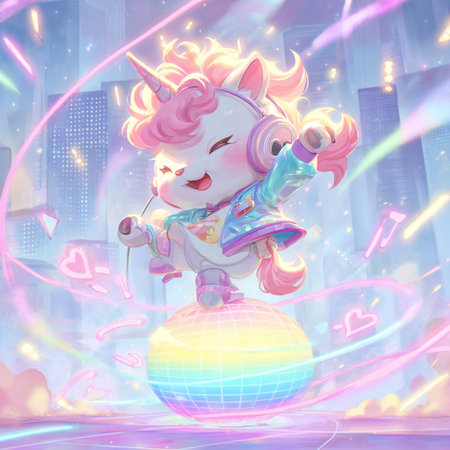 Unicorn with magic ball on the background of the night cityの素材