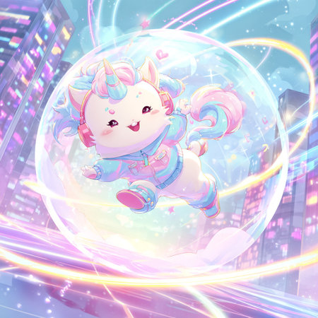 Cute unicorn on the background of the night city. Vector illustration.の素材