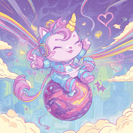 Cute unicorn on the planet in the clouds. Vector illustration.の素材