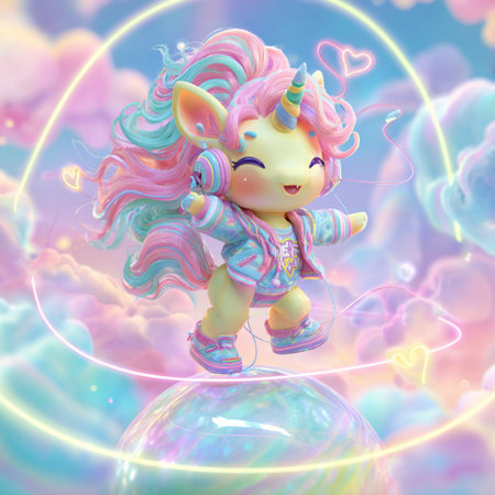 Unicorn with rainbow hair and blue eyes, 3d renderの素材