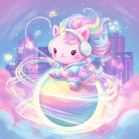 Cute unicorn with headphones on the background of the night city.の素材