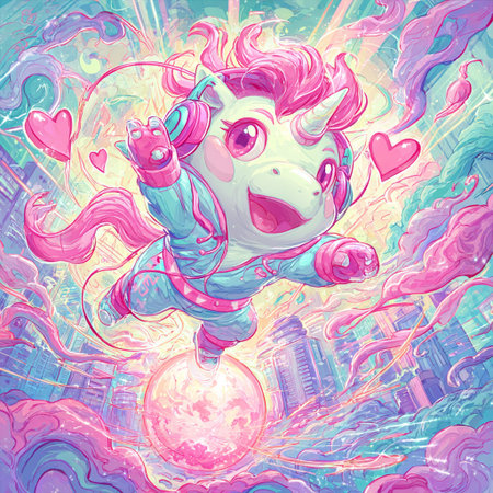 Cute cartoon unicorn with magic wand in the city. Vector illustration.の素材