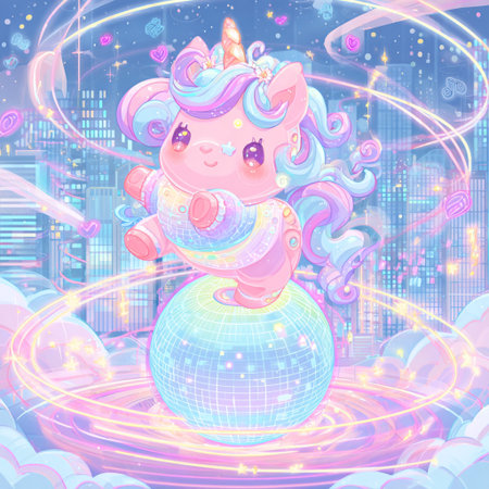 Cute unicorn with magic ball on the background of the night cityの素材