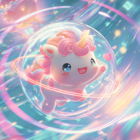 3d illustration of a cute unicorn in a sphere with a rainbowの素材