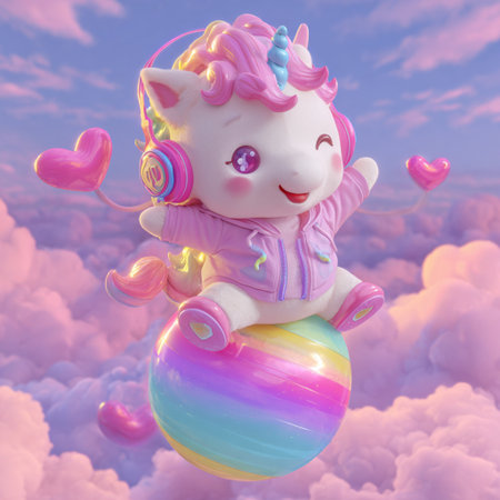Unicorn and rainbow ball in the clouds. 3d illustrationの素材