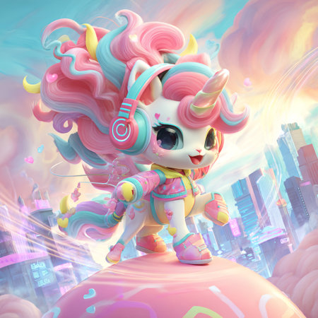Cute unicorn girl with headphones listening to music, 3d renderingの素材