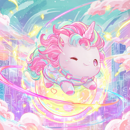Cute unicorn on the background of the night city. Vector illustration.の素材