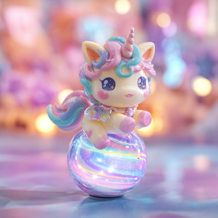 Unicorn figurine with magic ball on bokeh backgroundの素材