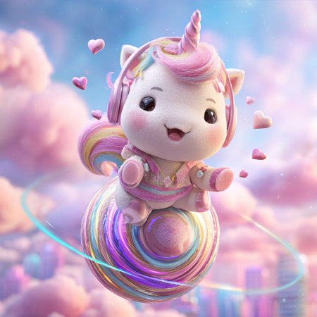 Unicorn with rainbow hair and magic ball. 3d renderingの素材