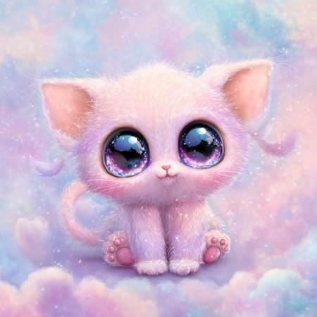 Cute little kitten with blue eyes and pink fur sitting in the clouds.の素材