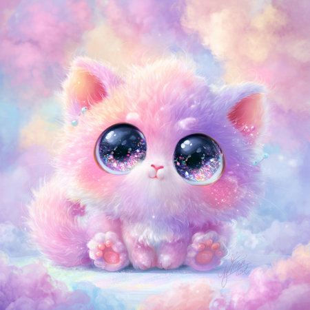 Cute pink cat with big eyes. Digital watercolor painting.の素材