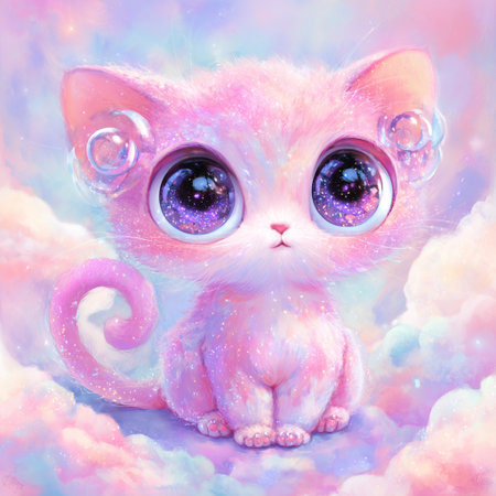 Cute pink cat with blue eyes sits on the background of a cosmic cloud.の素材