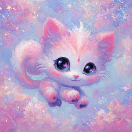 Watercolor painting of a cute little kitten on a pink background.の素材