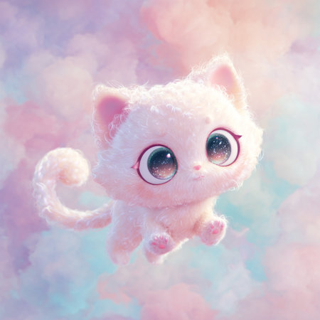 Cute white kitten with big eyes sitting on a background of blue and pink cloudsの素材