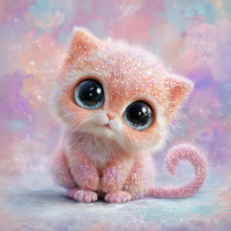 Cute little kitten with blue eyes sitting on a pink background.の素材