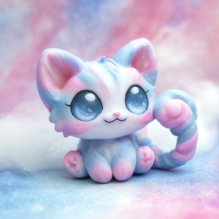 Cute blue cat with pink eyes on a background of blue skyの素材