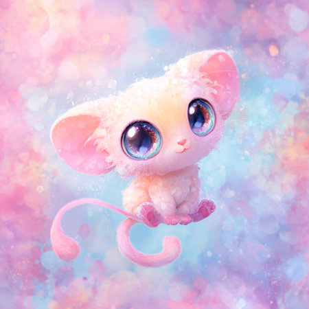 Cute little mouse with blue eyes on a pink background. Digital painting.の素材