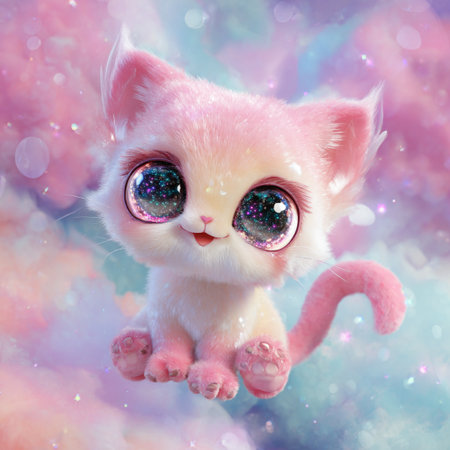 Cute little kitten with big eyes and pink fur on a colorful backgroundの素材