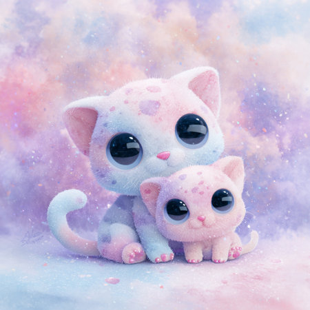 Cute pink cat with blue eyes and pink nose on abstract backgroundの素材