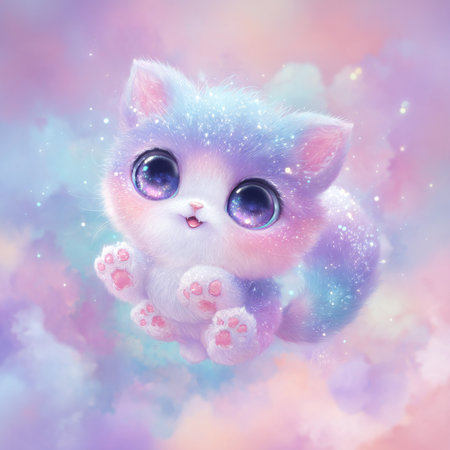 Cute cat with blue eyes and pink clouds. Hand drawn illustration.の素材