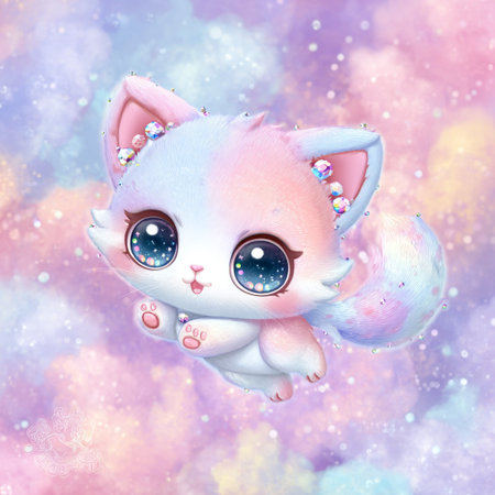Cute cartoon kawaii fox on a background of a dreamy sky with stars.の素材