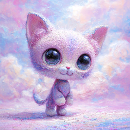 Funny little kitten with blue eyes and pink hair on a blue background.の素材