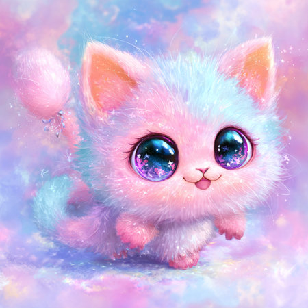 Cute pink cat with blue eyes on colorful background. Digital art painting.の素材