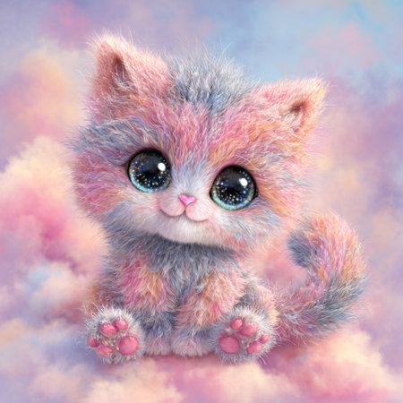 3D rendering of a cute fluffy kitten on a colorful background.の素材