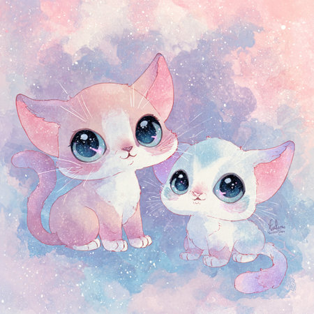 Watercolor illustration of two cute cats on a background of watercolor stains.の素材