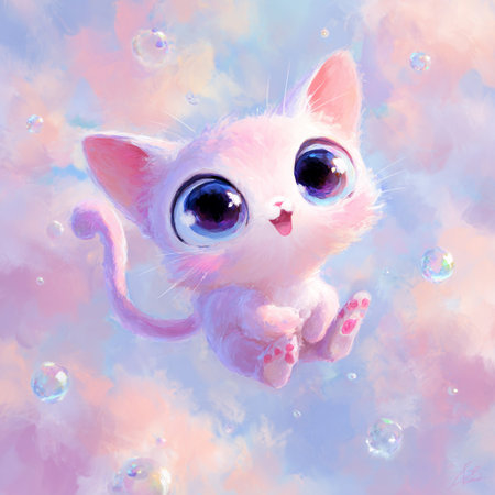 Cute little kitten playing with soap bubbles, watercolor illustration.の素材
