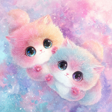 Watercolor portrait of two cute kittens with blue eyes and pink lips on abstract backgroundの素材
