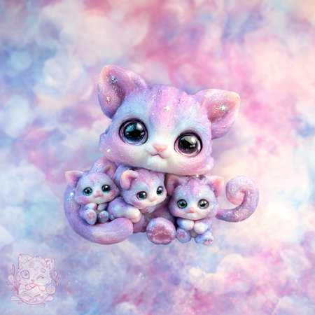 Cute cartoon cat with pink eyes on a pink background with cloudsの素材