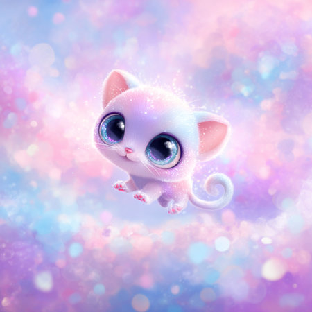 Cute cartoon cat with big eyes on abstract background with bokehの素材