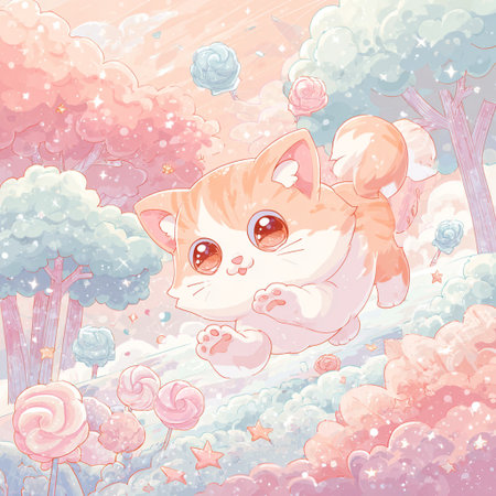Cute cat in the winter forest. Cute cartoon vector illustration.の素材