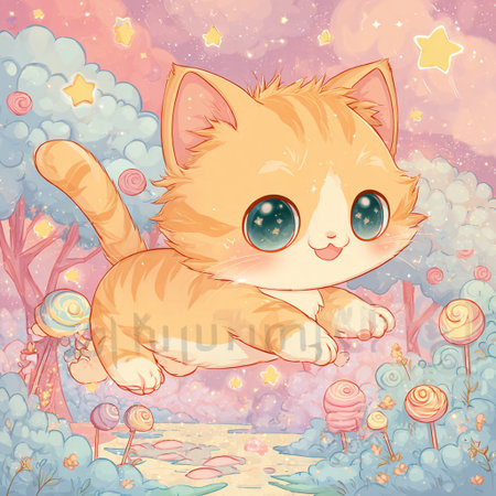 Cute cartoon cat on a background of the forest. Vector illustrationの素材