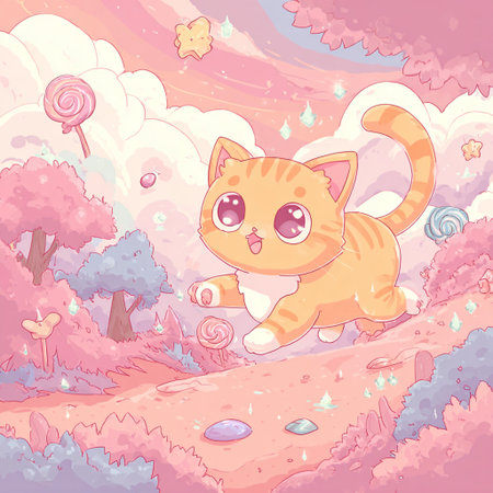 Cute cartoon cat in the forest. Vector illustration for children.の素材