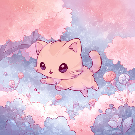 Cute cartoon cat on a background of spring flowers. Vector illustration.の素材