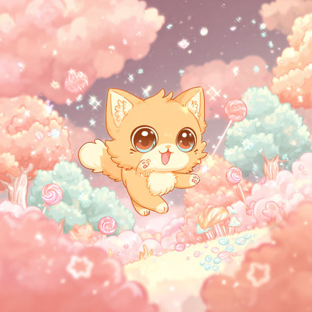 Cute cartoon cat on the meadow with flowers and candiesの素材