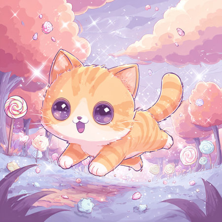 Cute cartoon cat in the park. Vector illustration for your designの素材