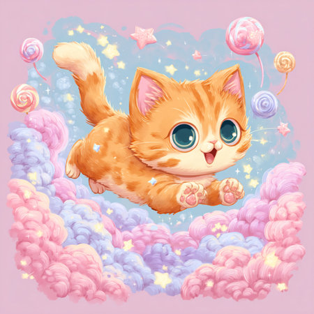 cartoon scene with cute kitten on the cloud - illustration for childrenの素材