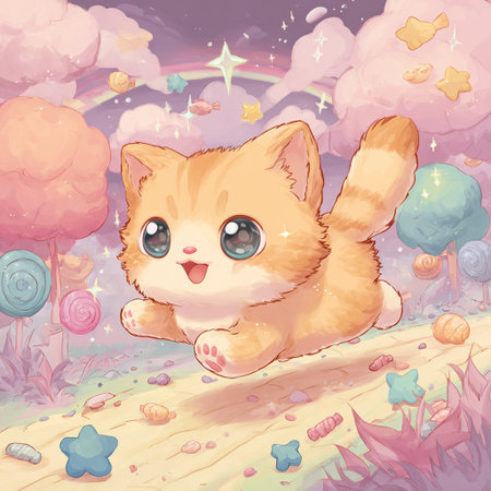 Cute kitten sitting on the ground in the forest. Illustrationの素材