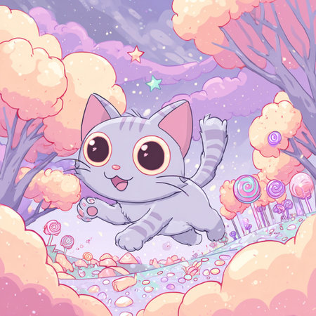 Cute cartoon cat in the forest. Vector illustration for children.の素材
