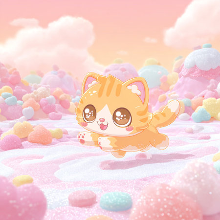 Cute cartoon cat on the background of colorful jelly candies.の素材