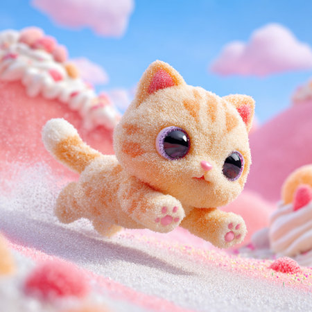 Cute cat on a pink background with snow and blue sky.の素材