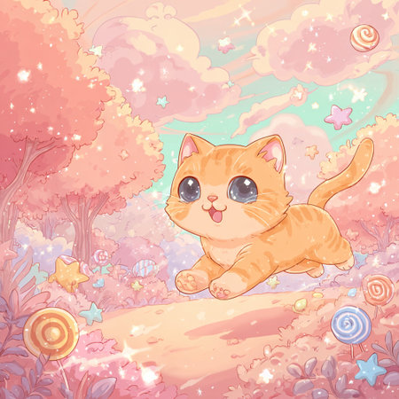 Cute cartoon cat in the forest. Cute vector illustration.の素材
