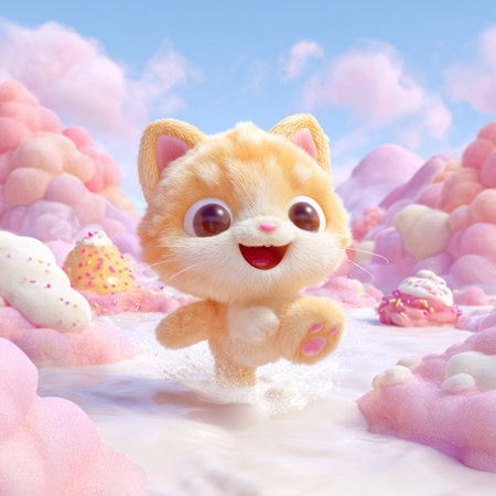 Cute kitten on a background of pink clouds. 3d renderingの素材
